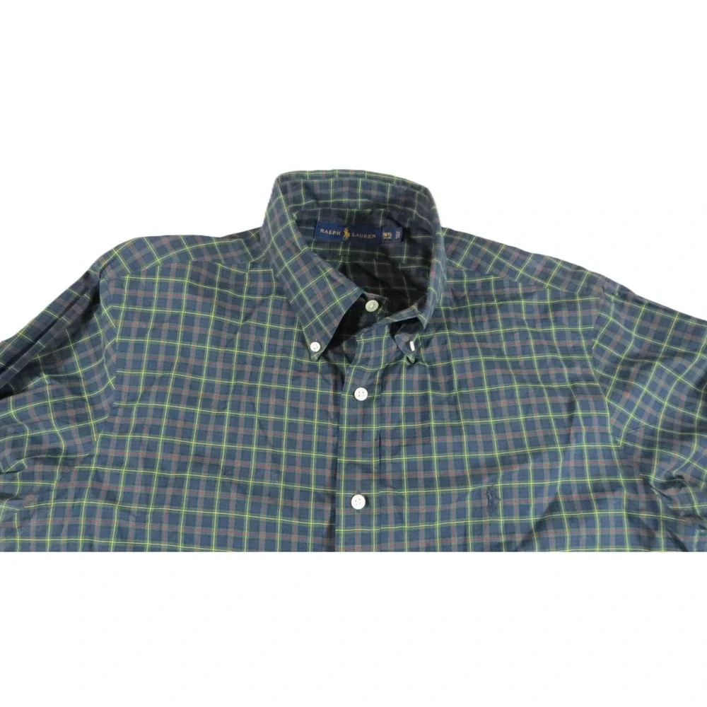 Ralph Lauren Plaid Button Shirt Men 16.5 34/35 Green Blue Cotton Pony Preppy